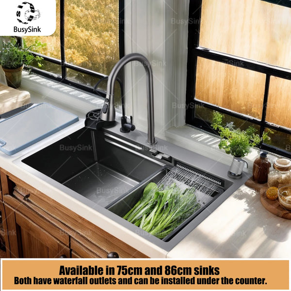 Kitchen Sink Stainless Steel With Waterfall Large Single Slot  Multifunctional Dishwashing Sinks Undermount Basin
