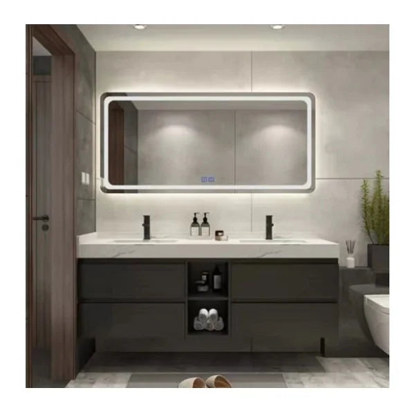 Economical Sanitary Furniture LED Mirrored Bathroom Sink with Cabinet Modern Hotel Washroom Wooden Double Basin Vanity on Wall
