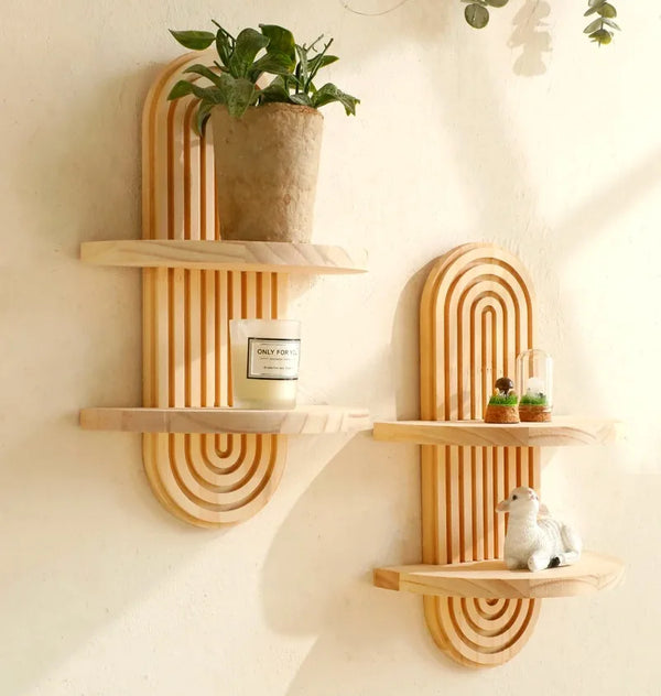 Wooden Wall Mounted Storage Rack Boho Style Display Shelves Modern Home Decor for Living Room, Bathroom Decoration
